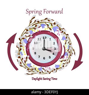 Clock and flowers wreath around. Poster "Spring Forward" about reminder to change clocks.Forward daylight saving time starts.Turn to summertime.Vector Stock Vector