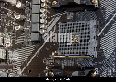 Motherboard Close-Up Showing CPU Socket, and Circuitry Details for High-Performance PCs, top view Stock Photo