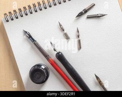 Collection of calligraphy dip pens with red and black holders and assorted metal nibs. Tools for lettering, artistic drawing, and creating varied line Stock Photo