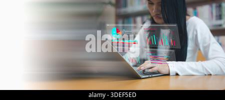 Business woman using laptop with virtual data analysis dashboard. Concept of financial marketing strategy, big data processing and business growth vis Stock Photo