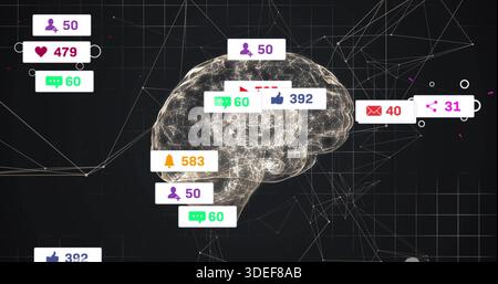 Displaying glowing wireframe brain pulsing with linked nodes in virtual mesh, showing alert badges Stock Photo