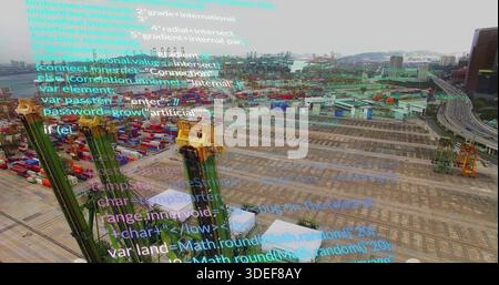 Displaying green yellow gantry cranes and container stacks at port, with code overlay Stock Photo