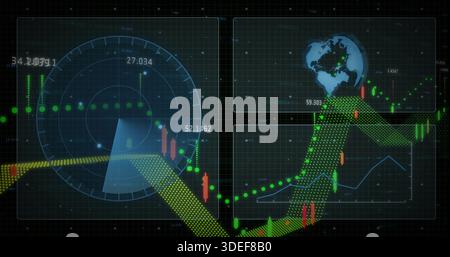 Displaying digital financial dashboard on dark grid, showing radar chart, candlestick trend ribbon Stock Photo