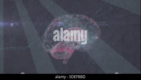 Projecting translucent holographic brain floating over dark textured plane, showing network nodes Stock Photo