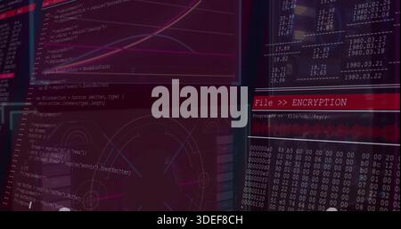 Displaying monitor screens showing code, radar, hex dump, encryption banner, waveform at console Stock Photo