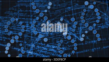 Displaying helical strands glowing with clear blue nodes on navy grid, with dotted links and code Stock Photo
