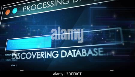 Displaying data-viz interface in software HUD, revealing DISCOVERING DATABASE and cyan progress Stock Photo