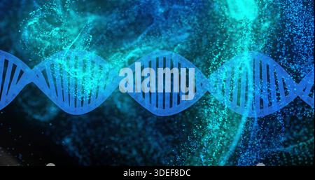 Spanning DNA double helix glowing across center frame in scientific backdrop with cyan particles Stock Photo
