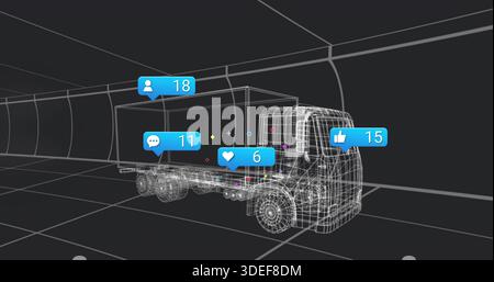Displaying wireframe semi-truck rotating inside virtual tunnel, with blue notification bubbles Stock Photo