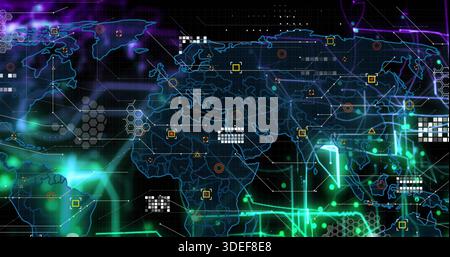 Displaying neon-blue world map projecting network traces at cyber console, with hex panels Stock Photo
