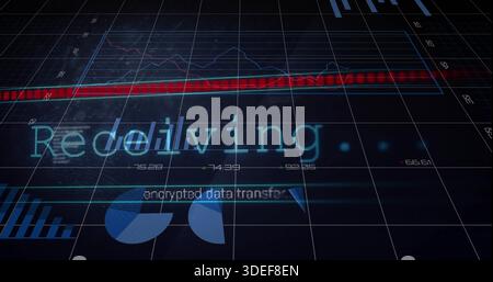 Displaying holographic grid dashboard centering on dark screen, showing red heatmap cyan text Stock Photo