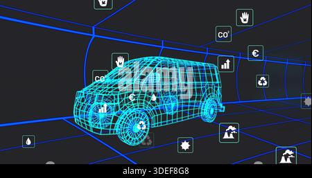 Displaying cyan wireframe van model linking CO2, euro, water, recycling metrics in virtual tunnel Stock Photo