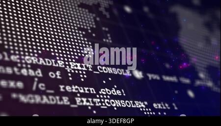 Displaying moving monospaced code with GRADLE EXIT CONSOLE on screen with dotmap, purple particles Stock Photo