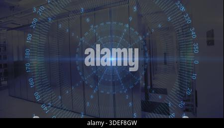 Projecting blue holographic circular interface hovering over data center aisle, mirroring rack LEDs Stock Photo