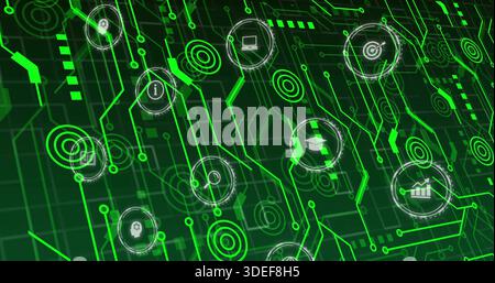 Displaying digital circuit network centered at virtual interface, with neon traces and icons Stock Photo