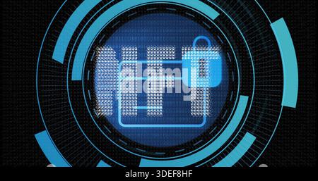 Displaying central circular disk rotating in virtual HUD, showing cyan padlock and card outline Stock Photo