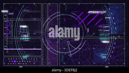 Displaying futuristic HUD navigation reticle on virtual console, showing map panel and waveforms Stock Photo