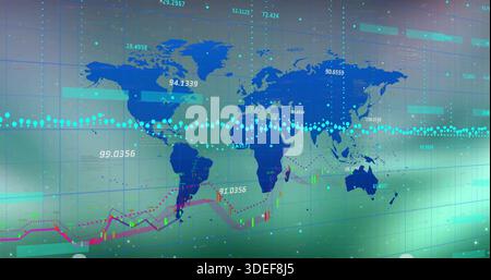 Displaying blue world map over teal grid on display, showing cyan line, numbers, magenta charts Stock Photo