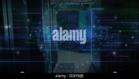 Projecting central holographic HUD with numeric rings over dim server corridor, showing blue LEDs Stock Photo