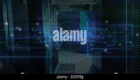 Projecting central holographic gauge overlaying data center corridor, with server racks Stock Photo