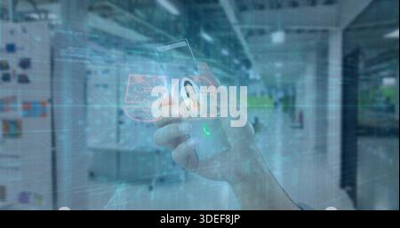Displaying hand with shirt cuff holding phone projecting 5G hologram, caller avatar, grid in office Stock Photo
