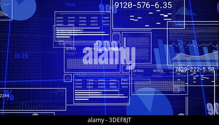 Displaying clustered data panels on virtual dashboard with matrix grids, charts, numeric labels Stock Photo