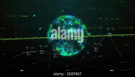 Pulsing polygonal data sphere rotating in virtual UI, intersecting waveform, reticles and shards Stock Photo