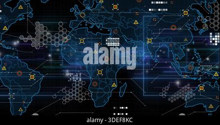Displaying global map showing network flow on dark dashboard, with hex clusters and glowing nodes Stock Photo