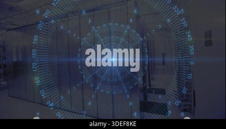 Projecting translucent blue circular holographic HUD in data center aisle, showing blue LEDs, racks Stock Photo