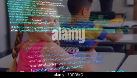 Sitting student with braid in pink top using laptop at classroom desk, code overlay, copy space Stock Photo