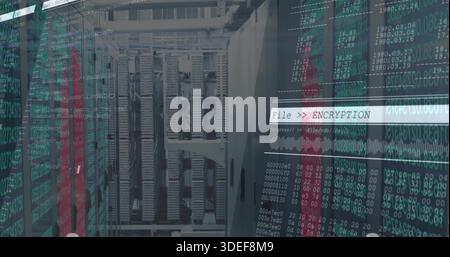 Streaming code overlaying central server racks in data center aisle, showing File  ENCRYPTION Stock Photo