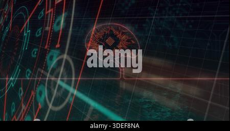 Hovering glowing brain circuit showing chip traces above reflective grid, with HUD, copy space Stock Photo