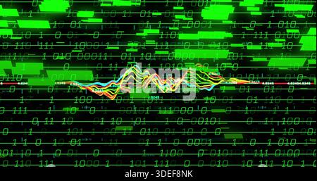 Streaming multicolor waveform across data display, with binary digits, green tiles, gridlines Stock Photo