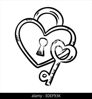 Heart shaped padlock with key. Hand drawn love and trust symbol. Vector isolated outline illustration on white background Stock Vector