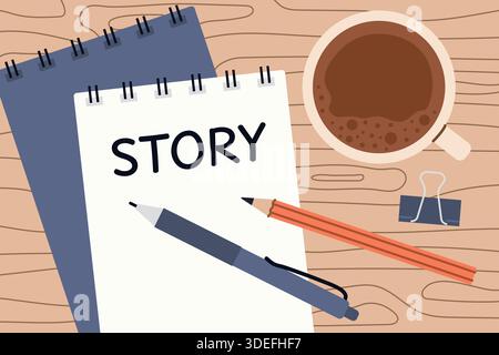 story word written in a spiral notebook, perfect for storytelling themes, education materials, writing concepts, creative projects, posters, presentat Stock Vector