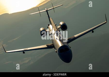 The photograph depicts a Hellenic Air Force Embraer EMB-145H AEW&C aircraft operating in flight. Registration 729, serial 145729, this platform belongs to 380 Mira Squadron and carries the Erieye airborne radar system for early warning and control missions. The twin turbofan jet is powered by Rolls-Royce AE 3007 engines and features extended mission avionics. The aircraft is captured during an air-to-air segment of Athens Flying Week 2025. Stock Photo