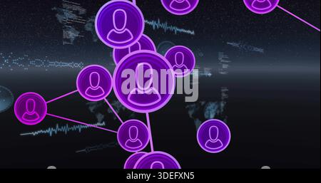 Displaying central purple user avatar cluster connecting global nodes in UI, neon lines and map Stock Photo