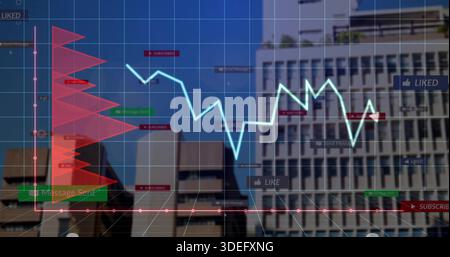 Displaying data overlay over urban office skyline, with cyan line, red histogram, 3D grid, UI tags Stock Photo