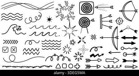 Vector illustration of hand-drawn doodle elements, including arrows, waves, targets, splashes, and abstract symbols Stock Vector