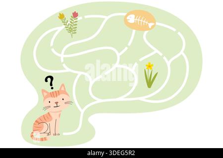 Cute cat maze puzzle game with fishbone as the goal Stock Vector