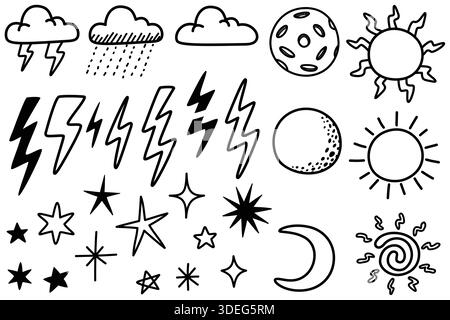 Hand-drawn weather and celestial doodle elements in black and white Stock Vector