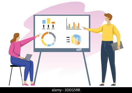 Business team analyzing data presentation with charts and graphs Stock Vector