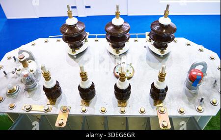 Electrical transformer with insulators Stock Photo