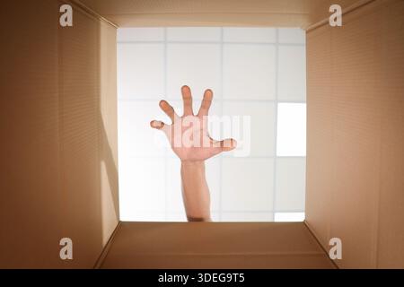 Man reaching into cardboard box, closeup. View from inside package Stock Photo