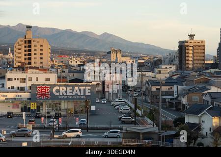 CREATE Super Drug Store in Fujinomiya, Japan, with Mt. Fuji in the background. Stock Photo