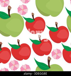 Seamless pattern with flowers and apples; apple seamless pattern over white background Stock Vector