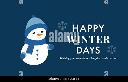 Happy winter greeting card with a playful snowman illustration and poster template. Stock Vector