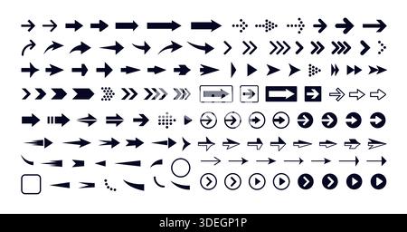 Arrow icons set, navigation symbols for web, app, UI, infographic design. Direction signs, play buttons, cursor elements for interface, presentation Stock Vector