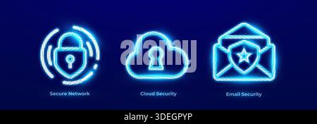 Secure Network Cyber Shield Perimeter Guard Threat Monitoring Icons Set. Cloud Protection Data Privacy Encryption Neon Logo. Email Security Inbox Stock Vector