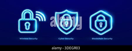 Wireless Security Network WiFi Protection Access Lock Icons Set. Cyber Security Digital Shield Data Protection Neon Logo. Blockchain Security Crypto Stock Vector